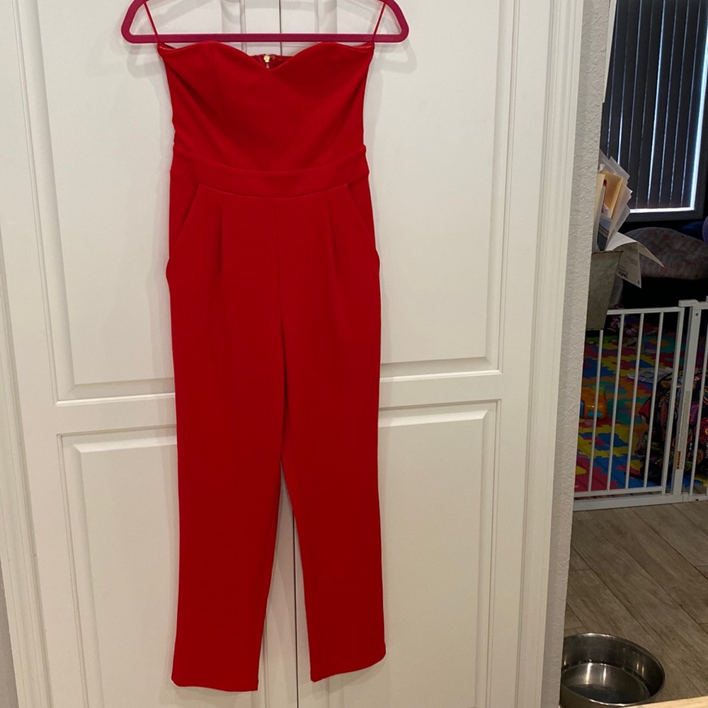 Red strapless pantsuit